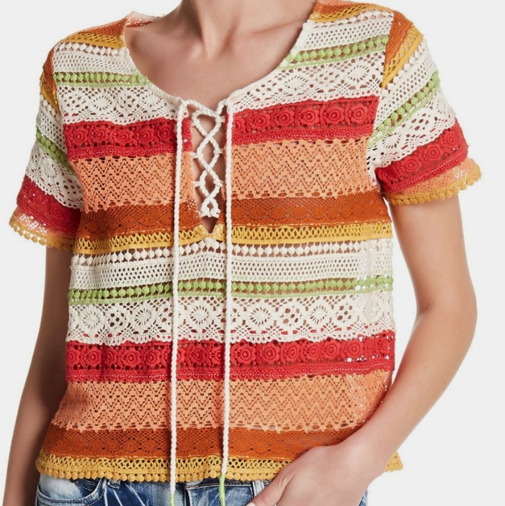 ANTHROPOLOGIE Banjara Boho Crocheted Stripe Top Cream Orange Red NWT
